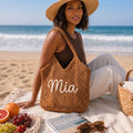 Personalized Crochet Beach Tote Bag, Custom Cotton Summer Bag, Embroidered Name Beach Tote, Bridesmaid Gift, Vacation Travel Tote