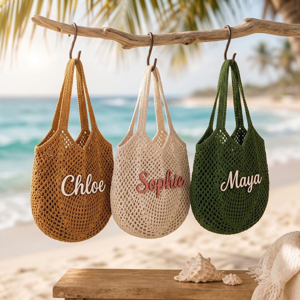 Personalized Crochet Beach Tote Bag, Custom Cotton Summer Bag, Embroidered Name Beach Tote, Bridesmaid Gift, Vacation Travel Tote