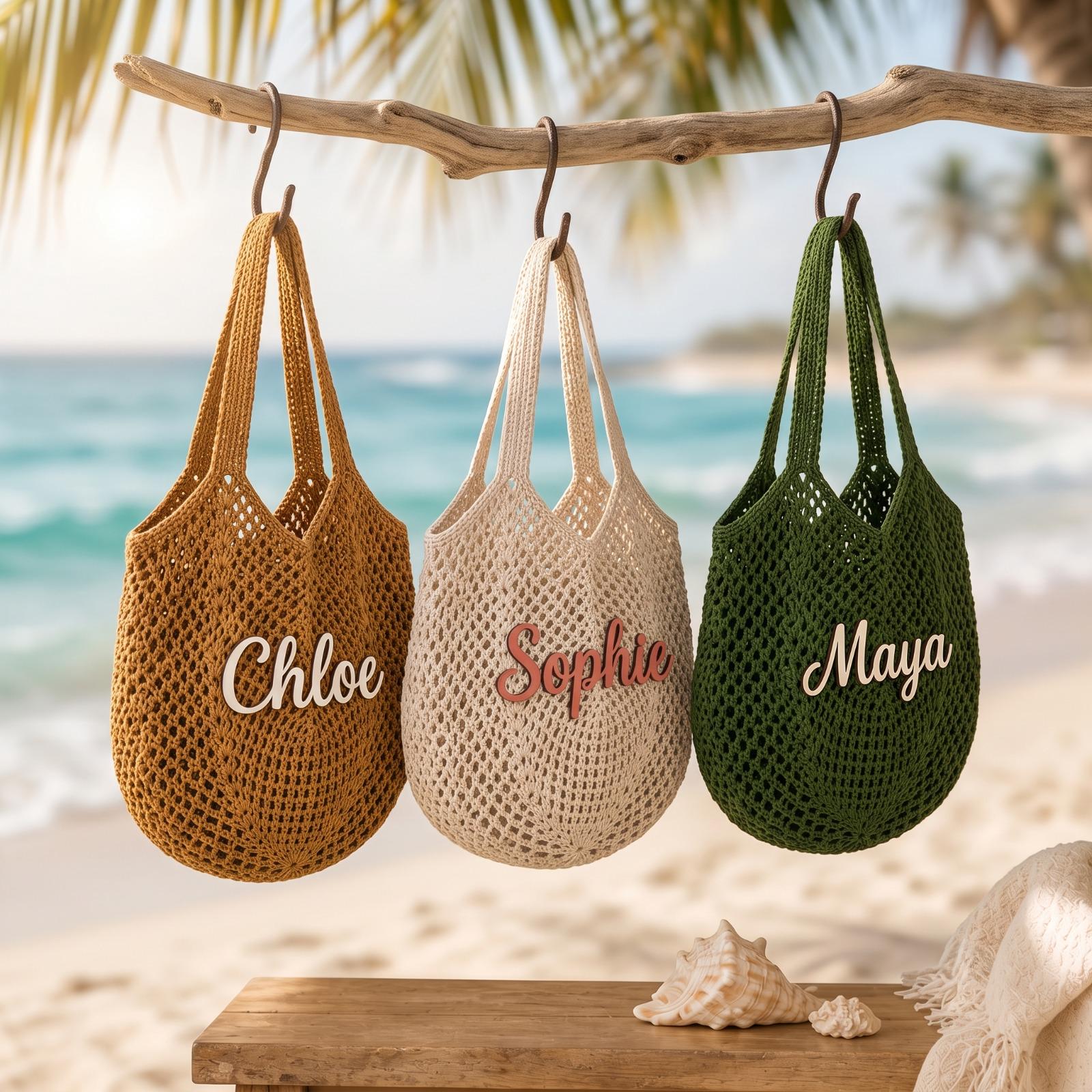 Personalized Crochet Beach Tote Bag, Custom Cotton Summer Bag, Embroidered Name Beach Tote, Bridesmaid Gift, Vacation Travel Tote