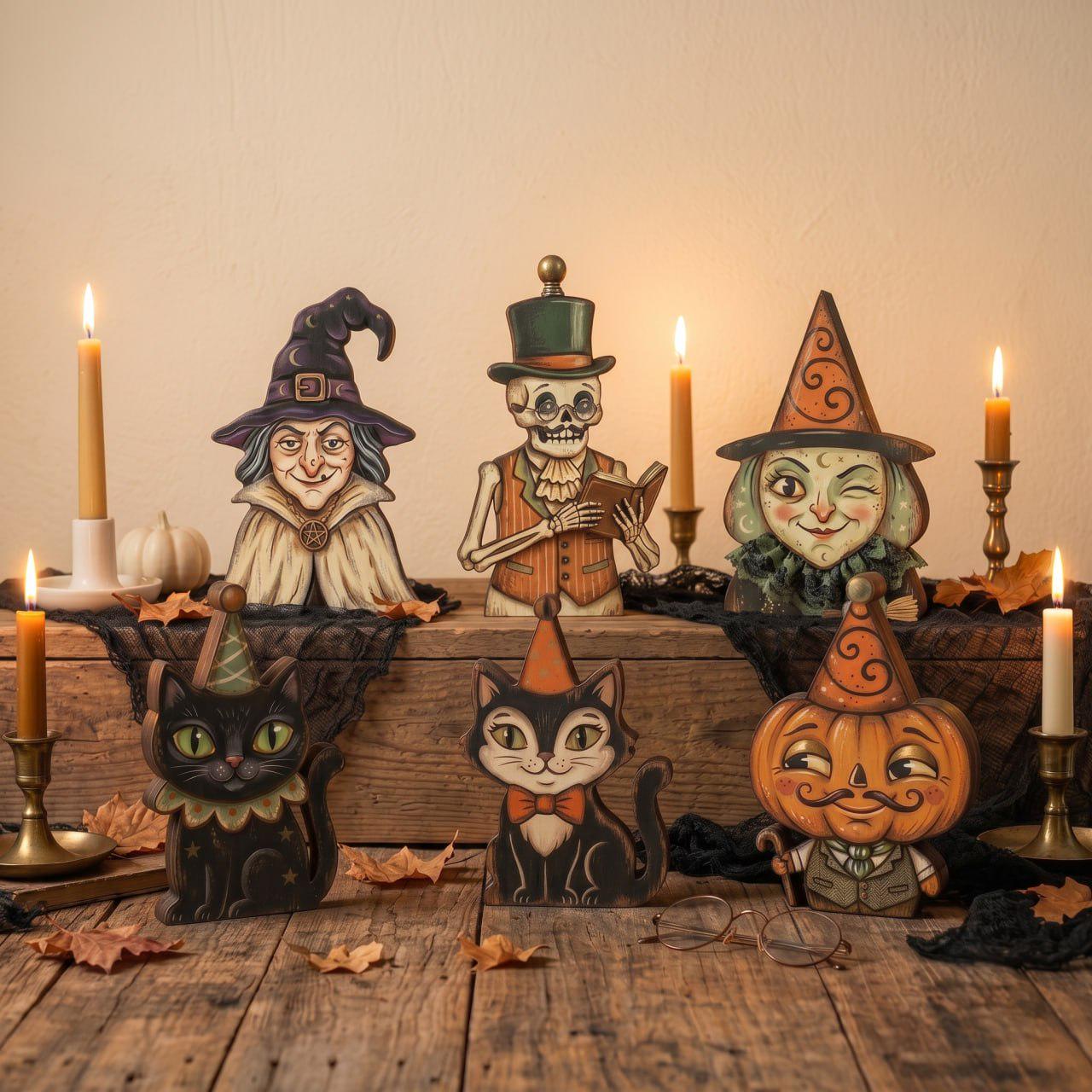 Vintage Halloween Decor, Retro Halloween Shelf Decor, Wooden Halloween Blocks, Primitive Halloween Decorations Indoor, Ghost Pumpkin Cat
