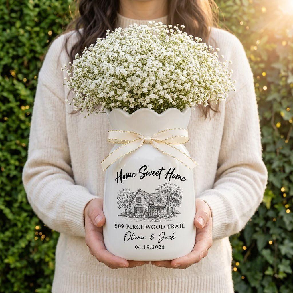 Personalized Housewarming Gift, Custom House Portrait Vase, New Home Gift, Realtor Closing Gift, Personalized Home Decor Ceramic Flower Vase