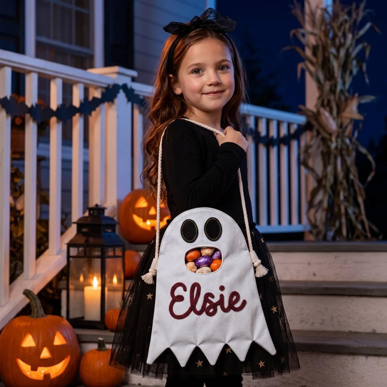 Personalized Halloween Treat Bag, Custom Ghost Candy Bag, Trick or Treat Bag, Halloween Candy Bag, Embroidered Trick or Treat Bucket