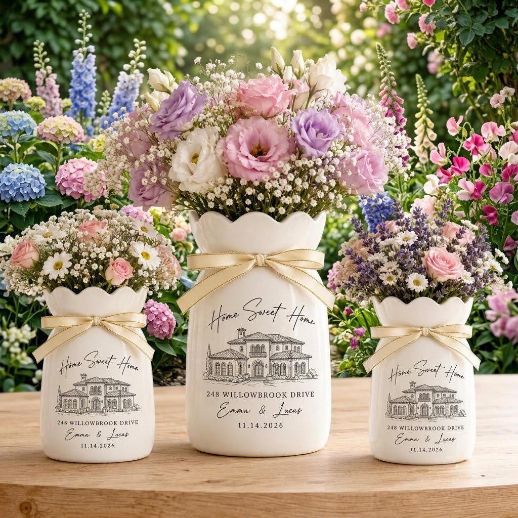 Personalized Housewarming Gift, Custom House Portrait Vase, New Home Gift, Realtor Closing Gift, Personalized Home Decor Ceramic Flower Vase
