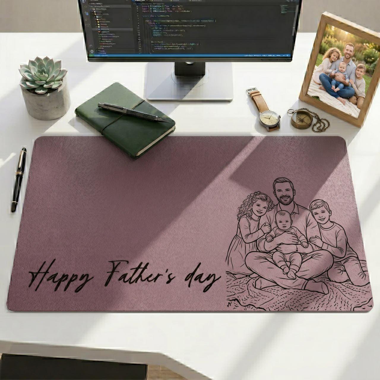 Personalized Dad Desk Mat, Custom Photo Leather Mouse Pad, Fathers Day Gift for Husband, Photo Sketch Desk Pad for Dad Office