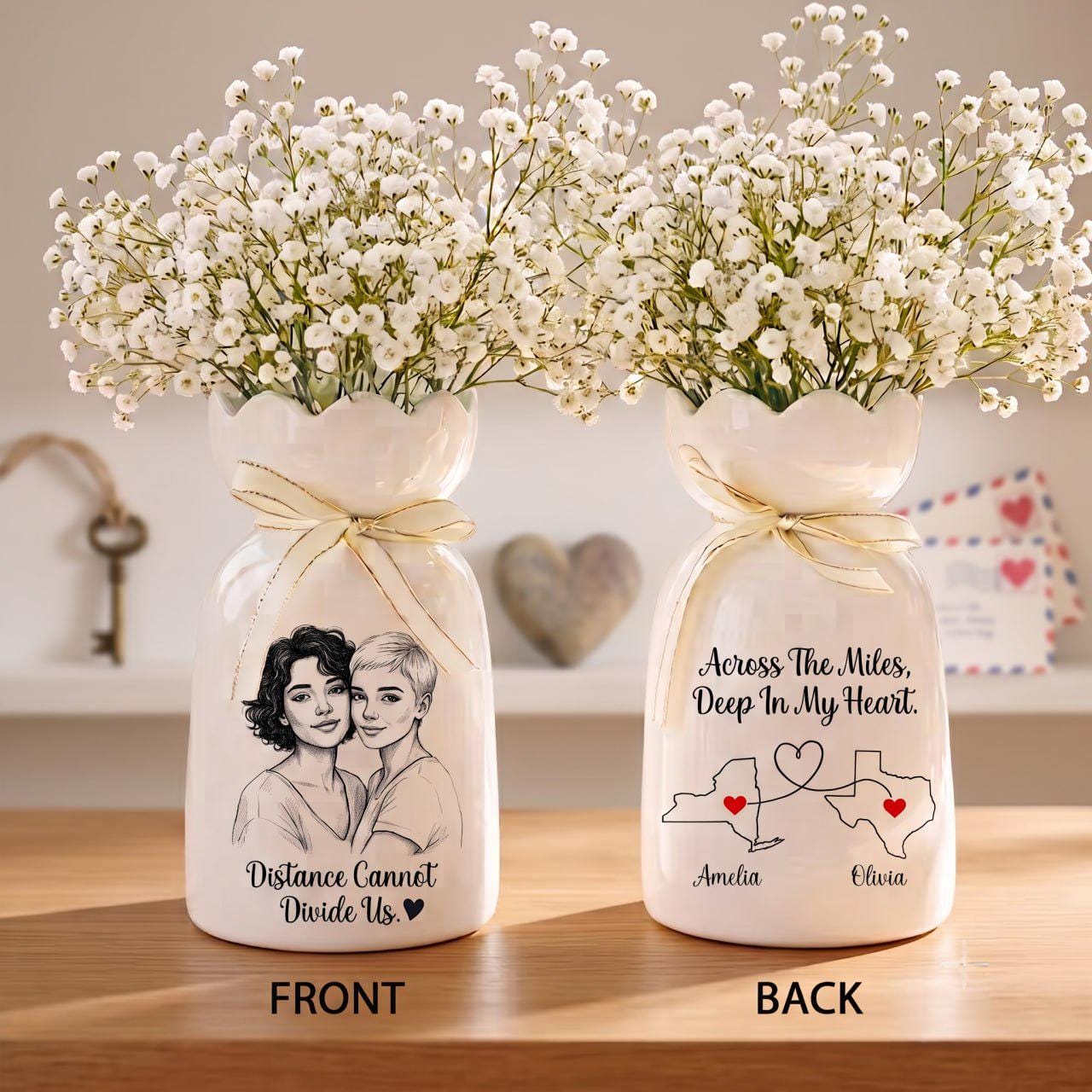 Personalized Best Friend Vase, Long Distance Friendship Gift, Custom Photo Vase, Besties Gift, State to State Gift, Ceramic Flower Vase