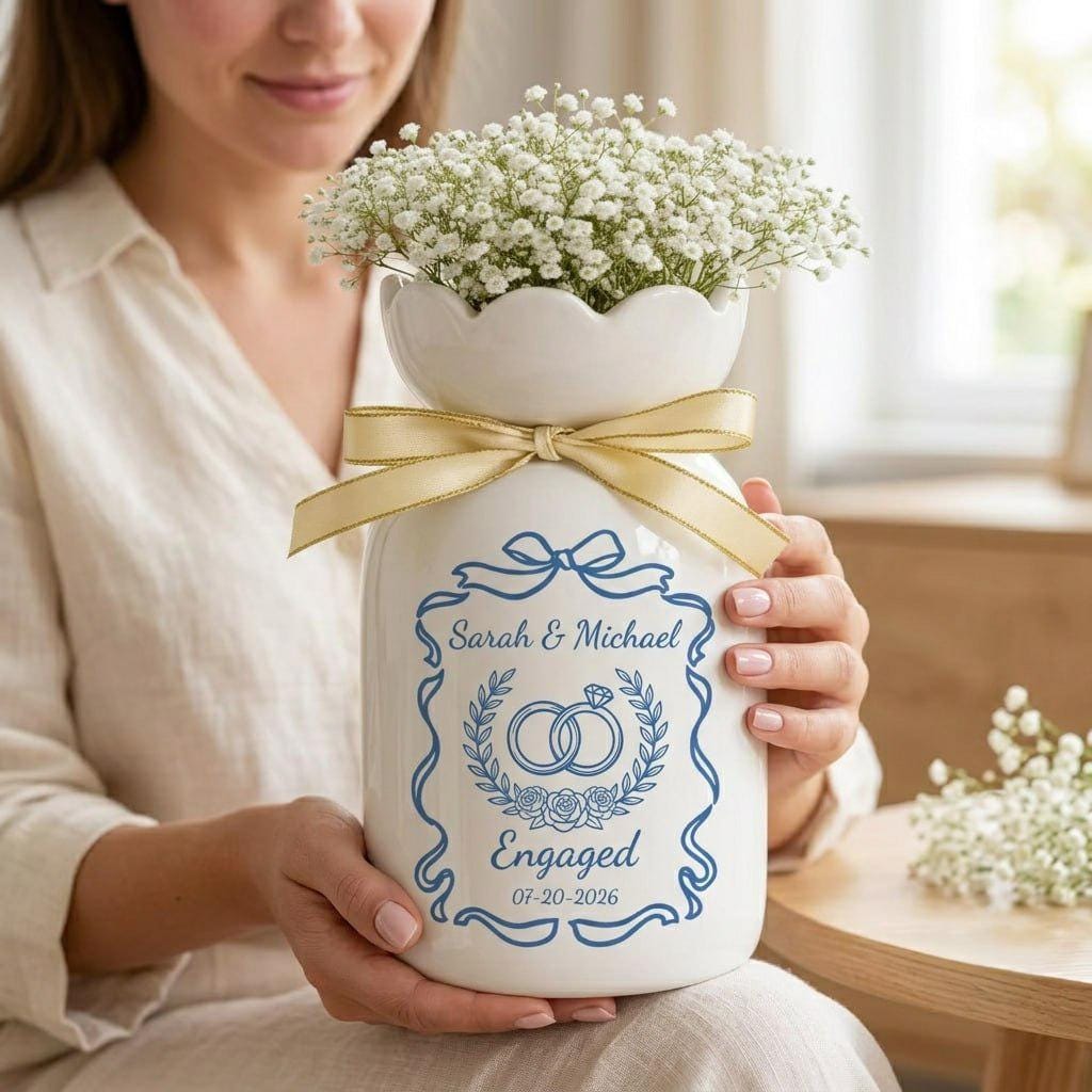 Personalized Engagement Vase, Custom Engagement Gift, Wedding Vase Gift, Ceramic Flower Vase, Wedding Gift for Couple, New Engaged Couple
