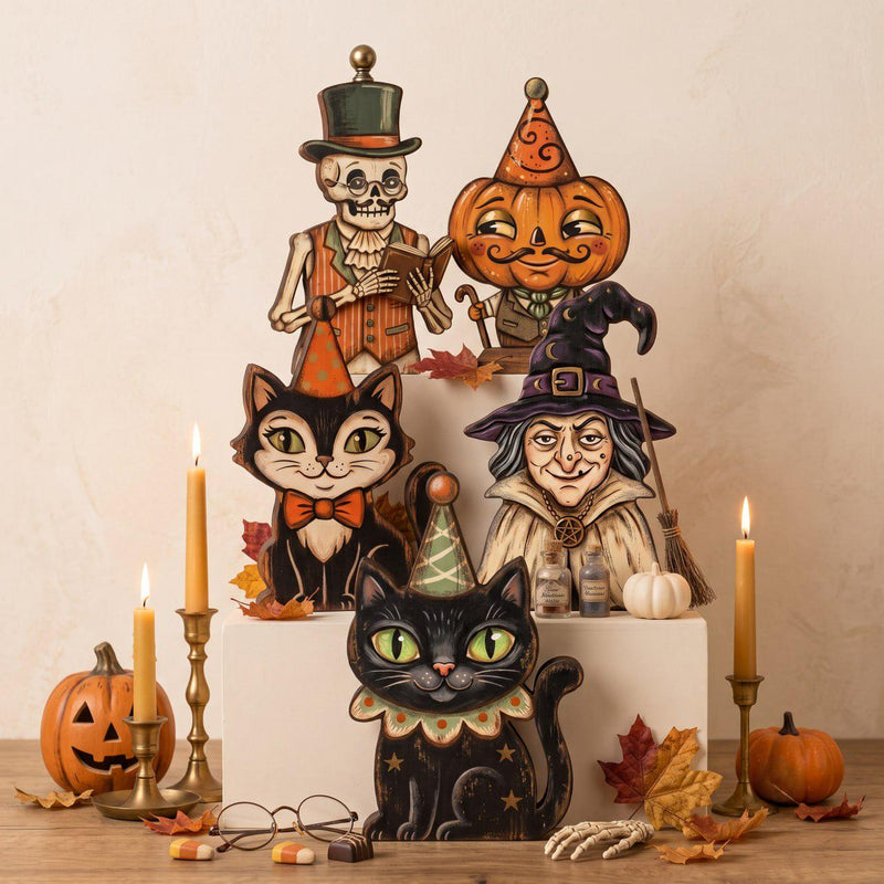 Vintage Halloween Decor, Retro Halloween Shelf Decor, Wooden Halloween Blocks, Primitive Halloween Decorations Indoor, Ghost Pumpkin Cat