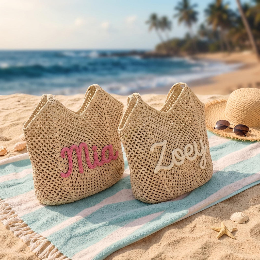 Personalized Crochet Beach Tote Bag, Custom Cotton Summer Bag, Embroidered Name Beach Tote, Bridesmaid Gift, Vacation Travel Tote
