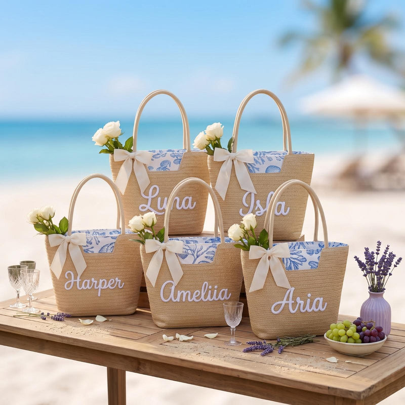 Personalized Straw Beach Bag, Custom Embroidered Name Beach Tote, Bridesmaid Beach Bag, Bride Gift, Summer Vacation Tote, Honeymoon Bag