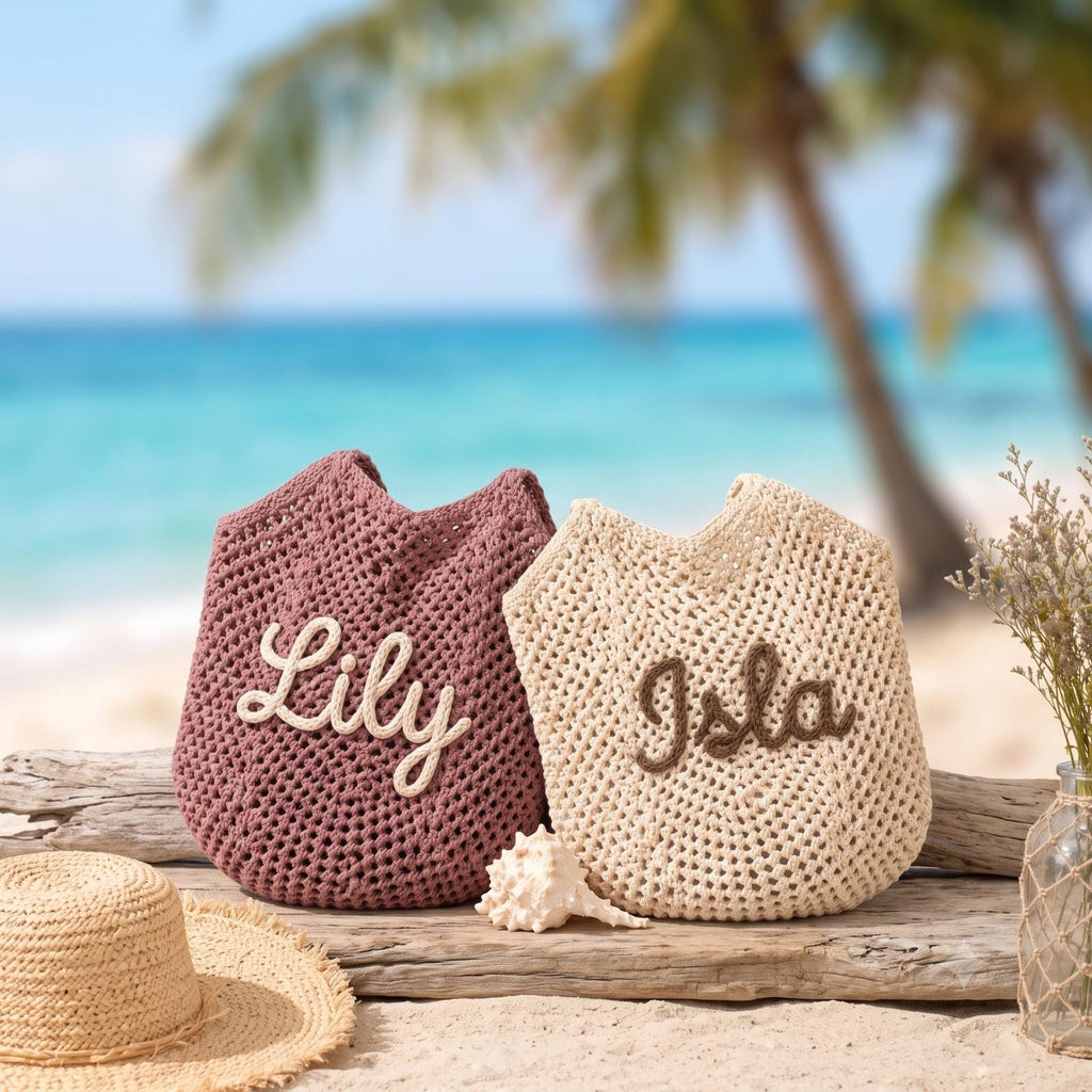 Personalized Crochet Beach Tote Bag, Custom Cotton Summer Bag, Embroidered Name Beach Tote, Bridesmaid Gift, Vacation Travel Tote