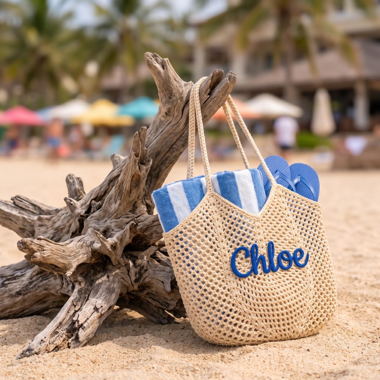 Personalized Crochet Beach Tote Bag, Custom Cotton Summer Bag, Embroidered Name Beach Tote, Bridesmaid Gift, Vacation Travel Tote