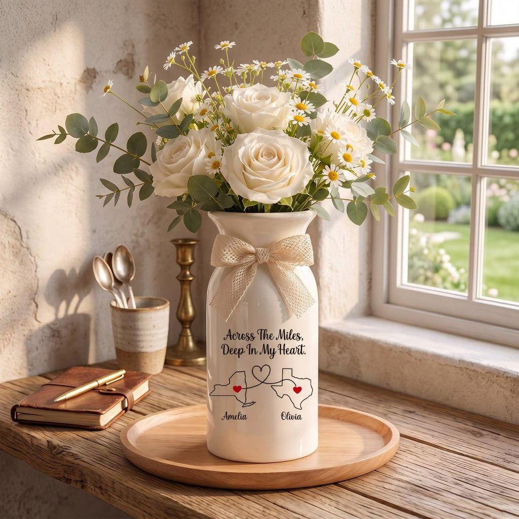 Personalized Best Friend Vase, Long Distance Friendship Gift, Custom Photo Vase, Besties Gift, State to State Gift, Ceramic Flower Vase