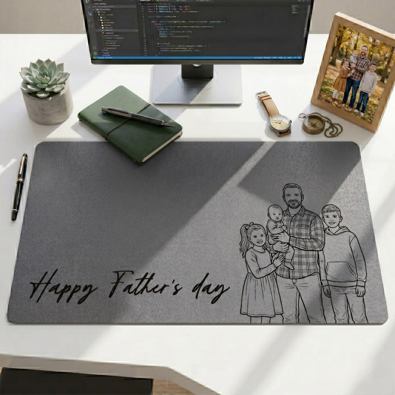 Personalized Dad Desk Mat, Custom Photo Leather Mouse Pad, Fathers Day Gift for Husband, Photo Sketch Desk Pad for Dad Office