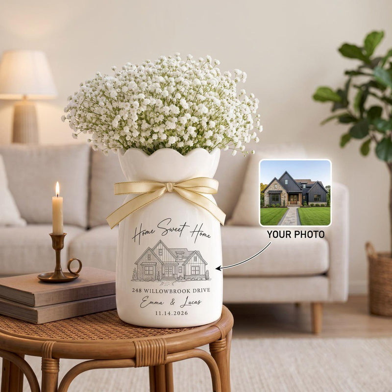 Personalized Housewarming Gift, Custom House Portrait Vase, New Home Gift, Realtor Closing Gift, Personalized Home Decor Ceramic Flower Vase