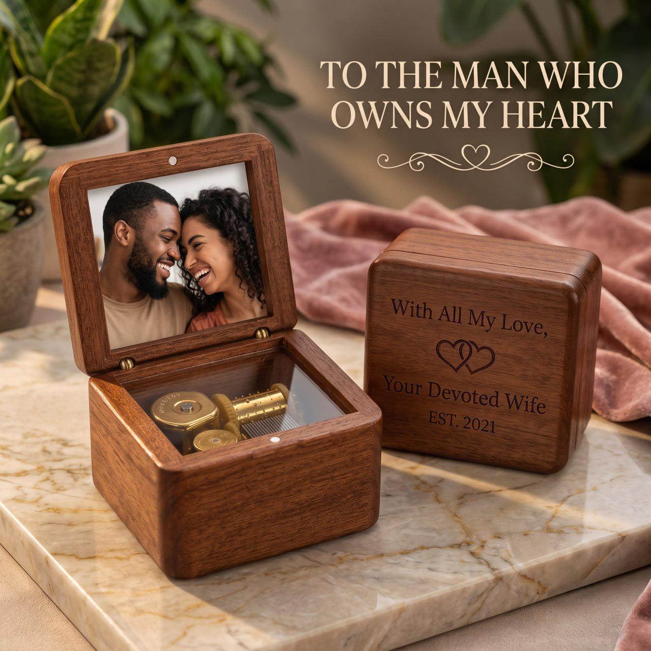 Personalized Music Box, Gift for Husband, Custom Photo Music Box, Engraved Wooden Music Box, Anniversary Gift for Him, Wedding Song Gift