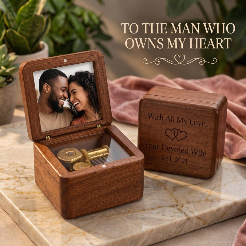 Personalized Music Box, Gift for Husband, Custom Photo Music Box, Engraved Wooden Music Box, Anniversary Gift for Him, Wedding Song Gift