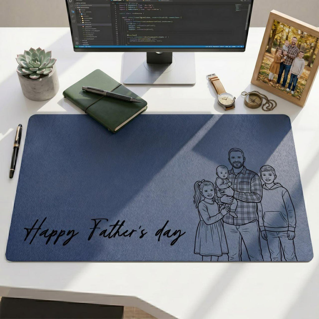 Personalized Dad Desk Mat, Custom Photo Leather Mouse Pad, Fathers Day Gift for Husband, Photo Sketch Desk Pad for Dad Office
