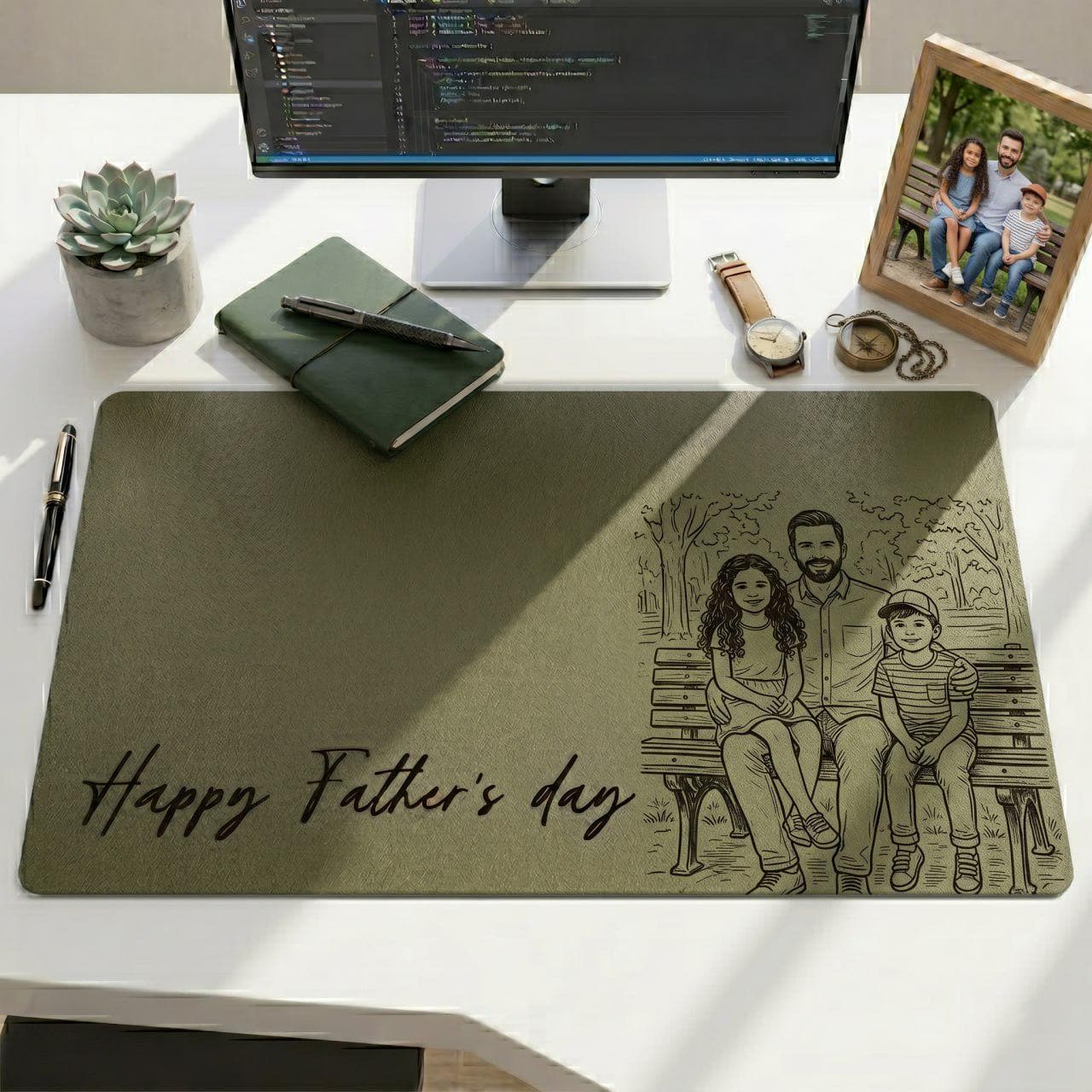 Personalized Dad Desk Mat, Custom Photo Leather Mouse Pad, Fathers Day Gift for Husband, Photo Sketch Desk Pad for Dad Office