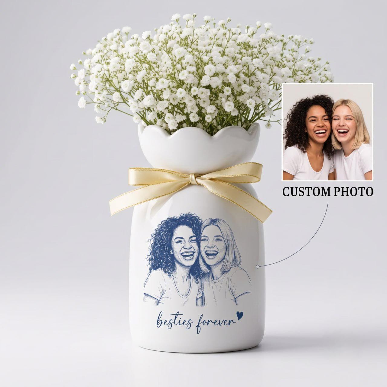 Personalized Best Friend Vase, Long Distance Friendship Gift, Custom Photo Vase, Besties Gift, State to State Gift, Ceramic Flower Vase