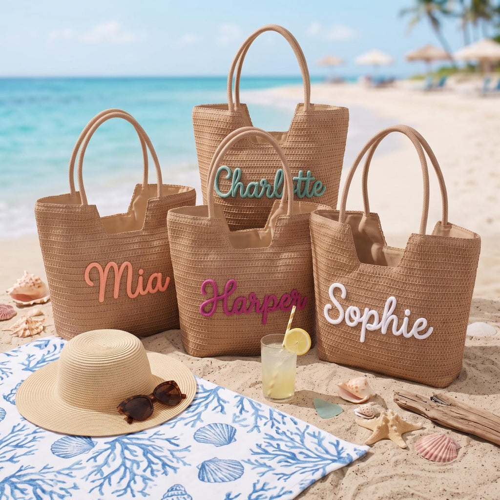 Personalized Straw Beach Bag, Custom Embroidered Name Beach Tote, Bridesmaid Beach Bag, Bride Gift, Summer Vacation Tote, Honeymoon Bag