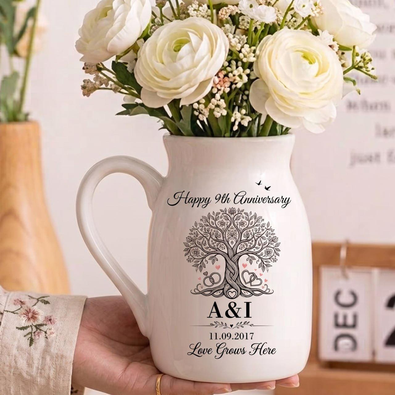Personalized 9th Anniversary Gift, Tree of Life Ceramic Flower Vase, Pottery Anniversary Gift, 9 Year Wedding Gift for Couple, Custom Vase
