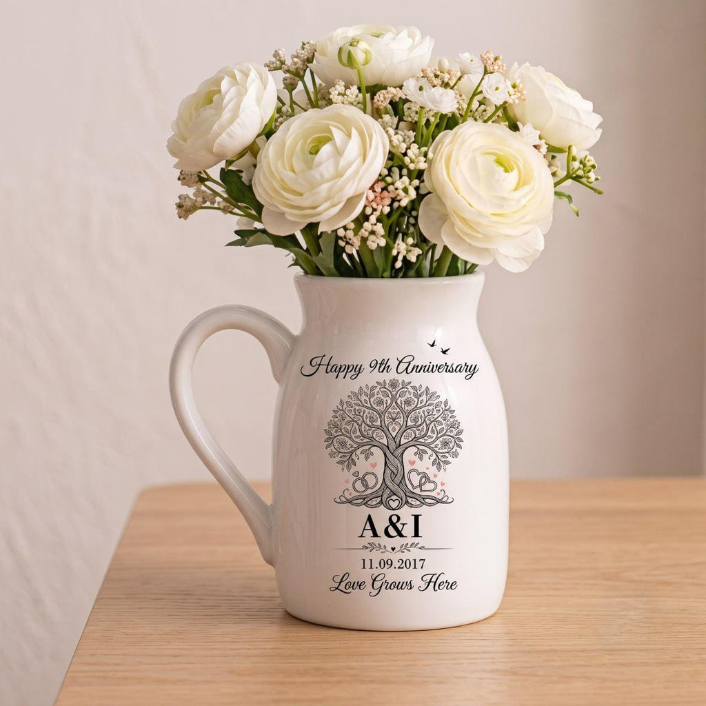Personalized 9th Anniversary Gift, Tree of Life Ceramic Flower Vase, Pottery Anniversary Gift, 9 Year Wedding Gift for Couple, Custom Vase