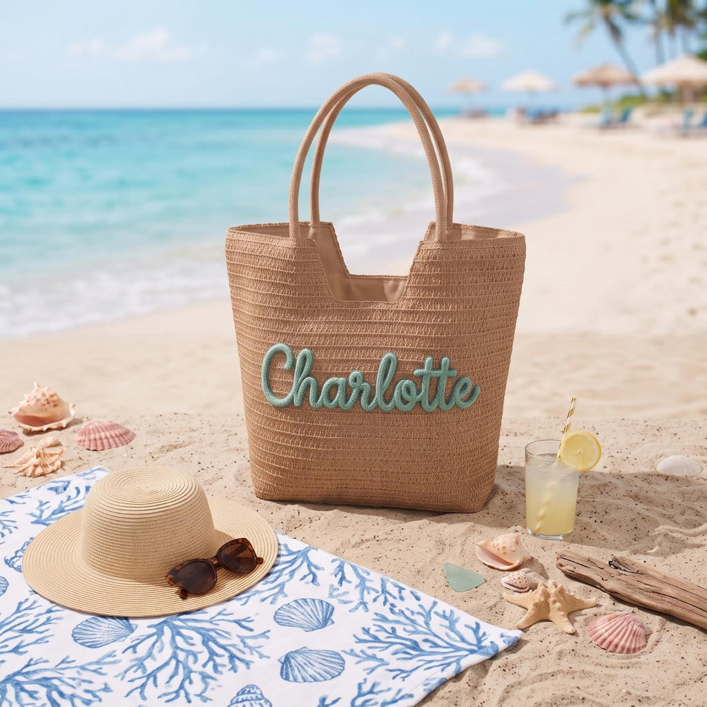 Personalized Straw Beach Bag, Custom Embroidered Name Beach Tote, Bridesmaid Beach Bag, Bride Gift, Summer Vacation Tote, Honeymoon Bag