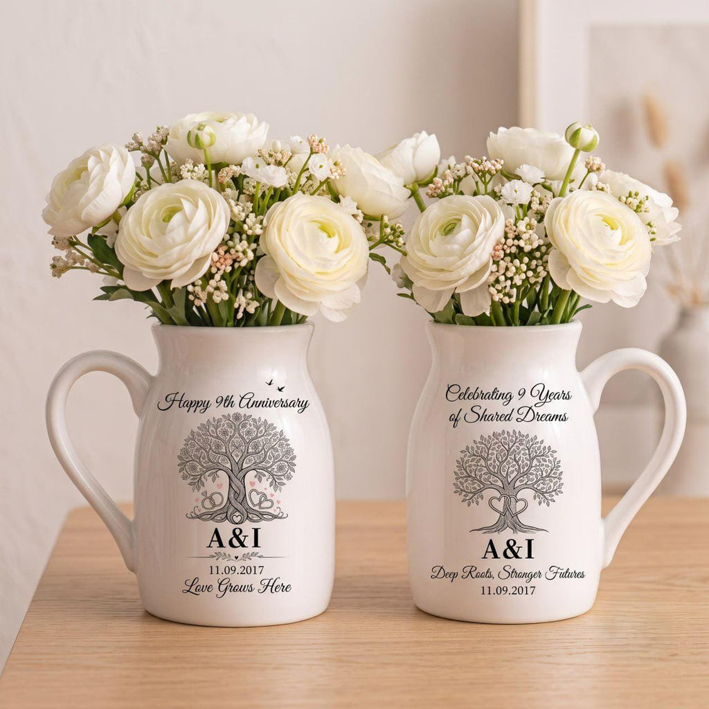 Personalized 9th Anniversary Gift, Tree of Life Ceramic Flower Vase, Pottery Anniversary Gift, 9 Year Wedding Gift for Couple, Custom Vase