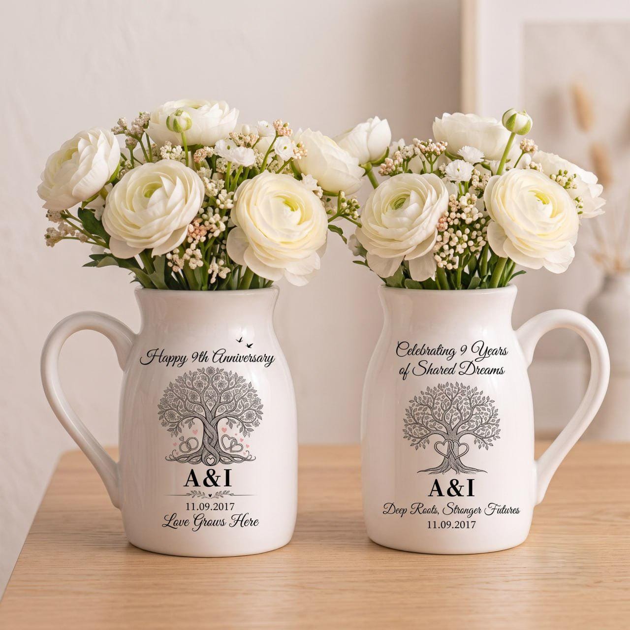 Personalized 9th Anniversary Gift, Tree of Life Ceramic Flower Vase, Pottery Anniversary Gift, 9 Year Wedding Gift for Couple, Custom Vase