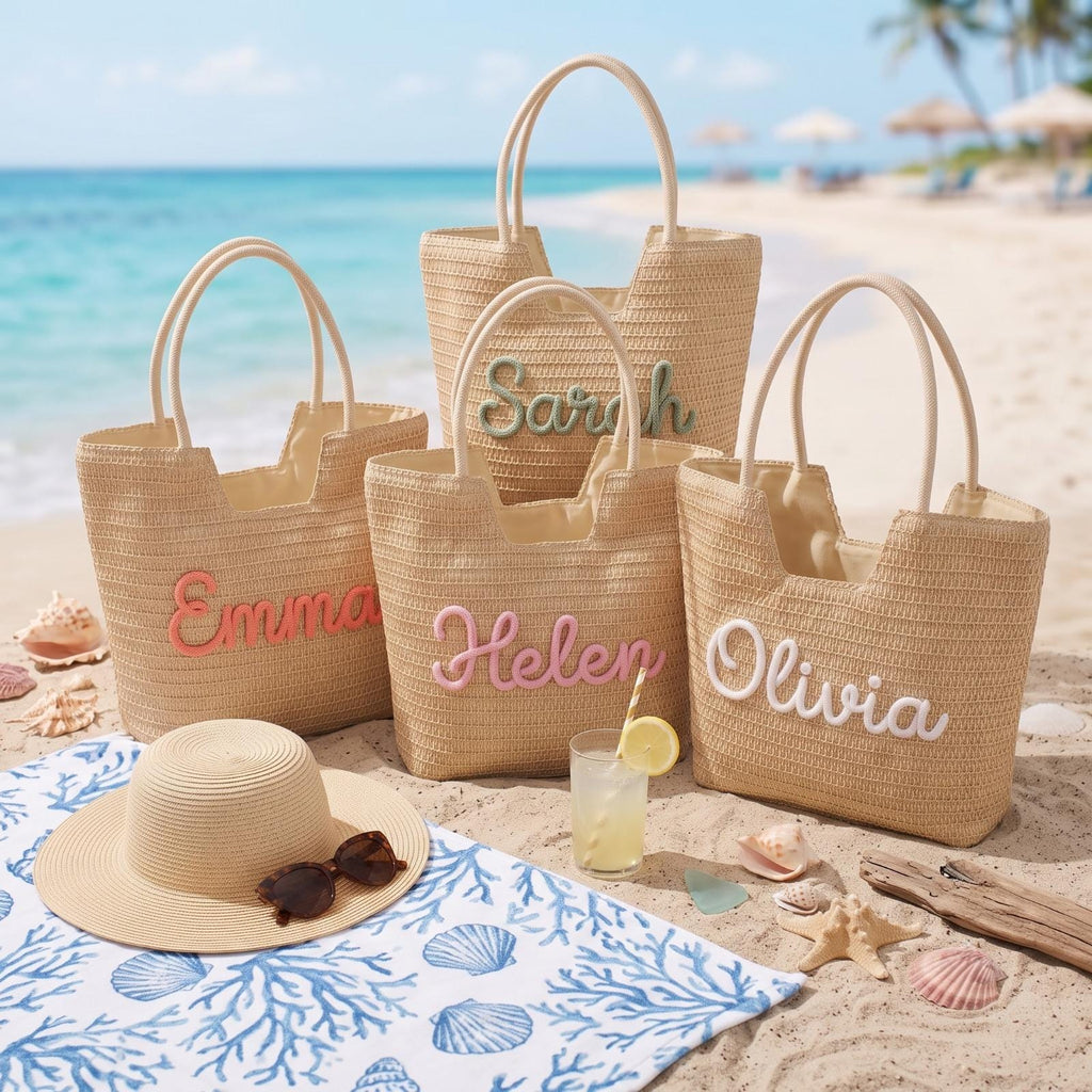 Personalized Straw Beach Bag, Custom Embroidered Name Beach Tote, Bridesmaid Beach Bag, Bride Gift, Summer Vacation Tote, Honeymoon Bag