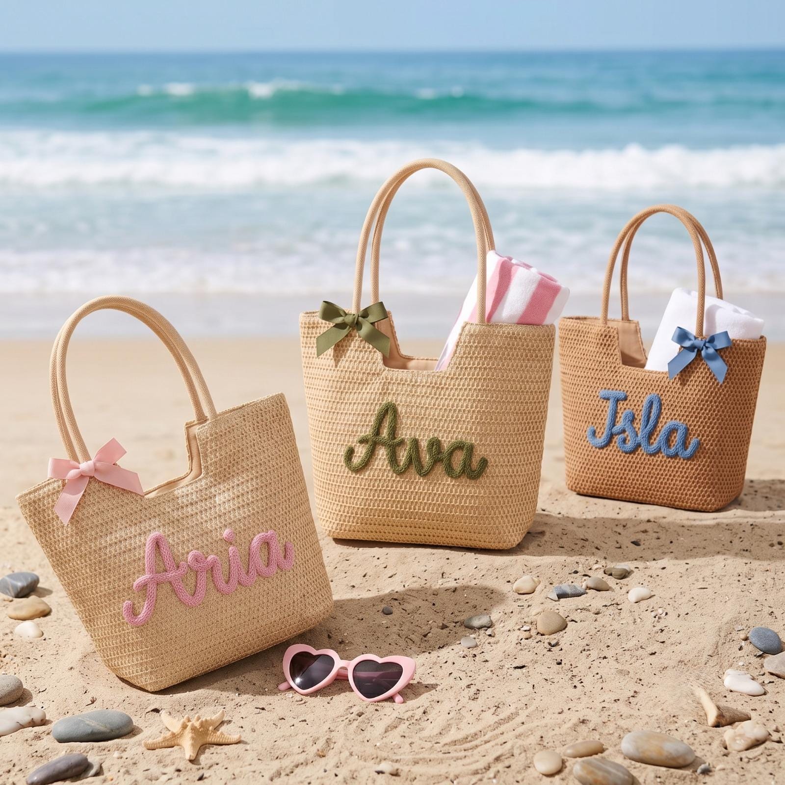 Personalized Straw Beach Bag, Custom Embroidered Name Beach Tote, Bridesmaid Beach Bag, Bride Gift, Summer Vacation Tote, Honeymoon Bag