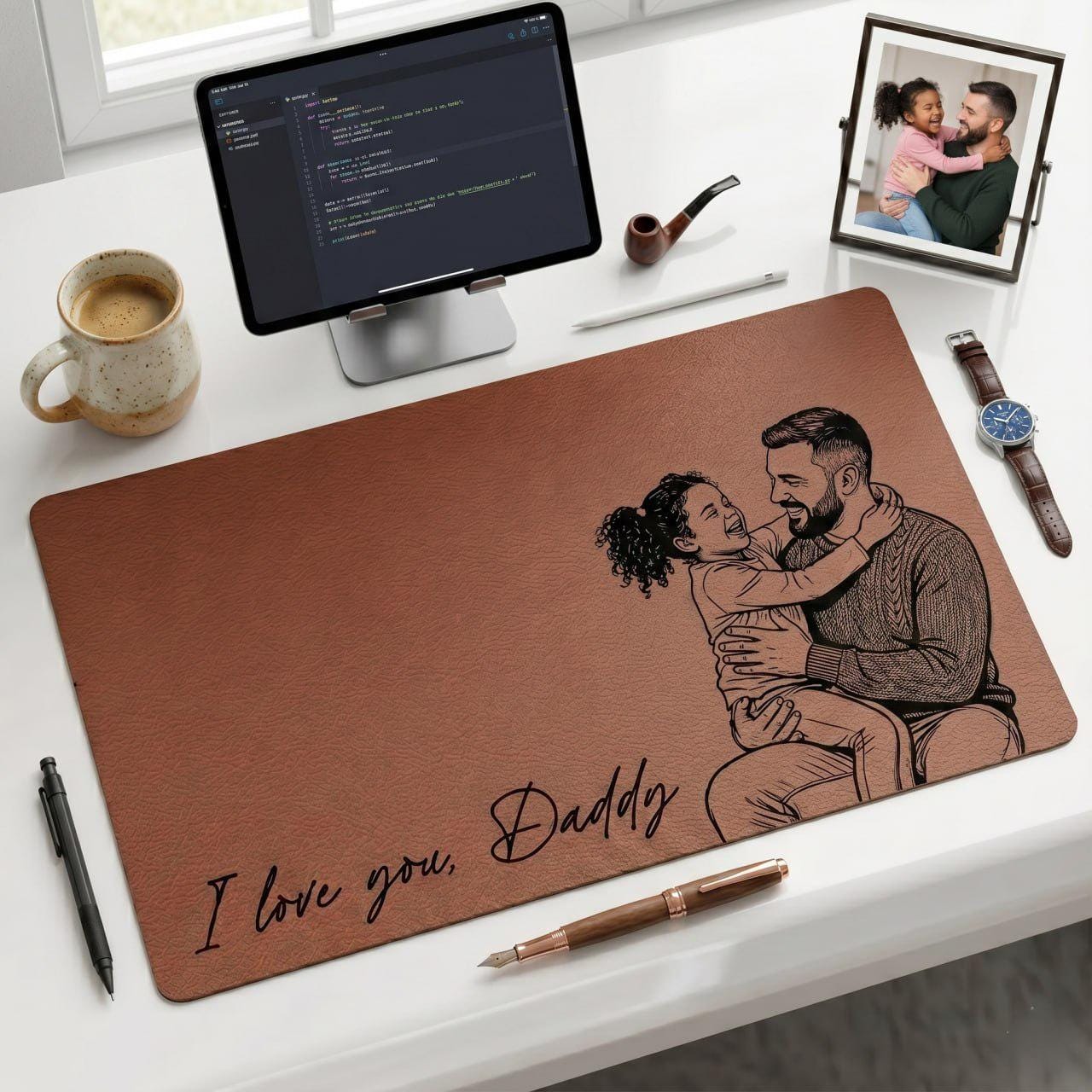 Personalized Dad Desk Mat, Custom Photo Leather Mouse Pad, Fathers Day Gift for Husband, Photo Sketch Desk Pad for Dad Office