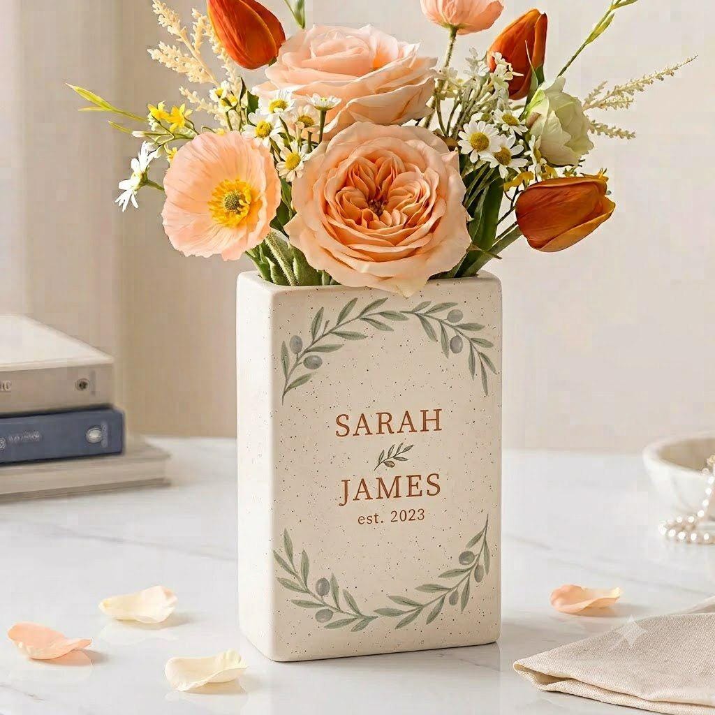 Personalized Engagement Book Vase, Ceramic Book Vase, Custom Couple Name Vase, Engagement Gift, Wedding Gift for Couple, Bride Gift