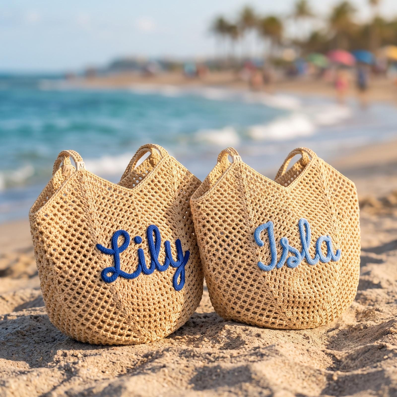 Personalized Crochet Beach Tote Bag, Custom Cotton Summer Bag, Embroidered Name Beach Tote, Bridesmaid Gift, Vacation Travel Tote