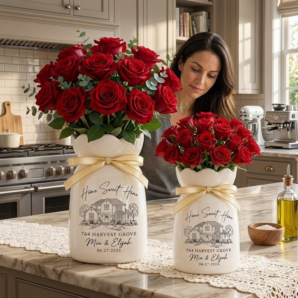 Personalized Housewarming Gift, Custom House Portrait Vase, New Home Gift, Realtor Closing Gift, Personalized Home Decor Ceramic Flower Vase