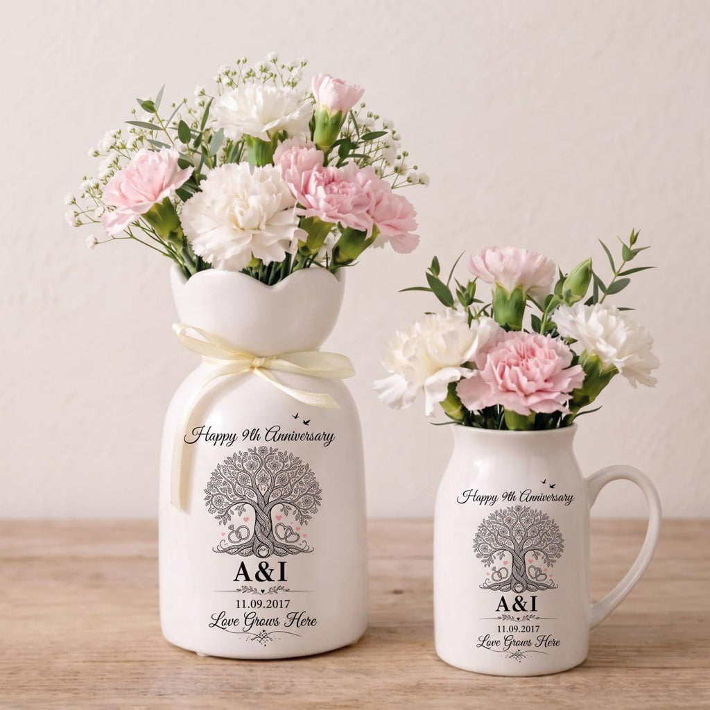 Personalized 9th Anniversary Gift, Tree of Life Ceramic Flower Vase, Pottery Anniversary Gift, 9 Year Wedding Gift for Couple, Custom Vase