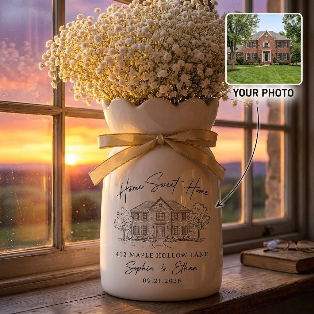 Personalized Housewarming Gift, Custom House Portrait Vase, New Home Gift, Realtor Closing Gift, Personalized Home Decor Ceramic Flower Vase