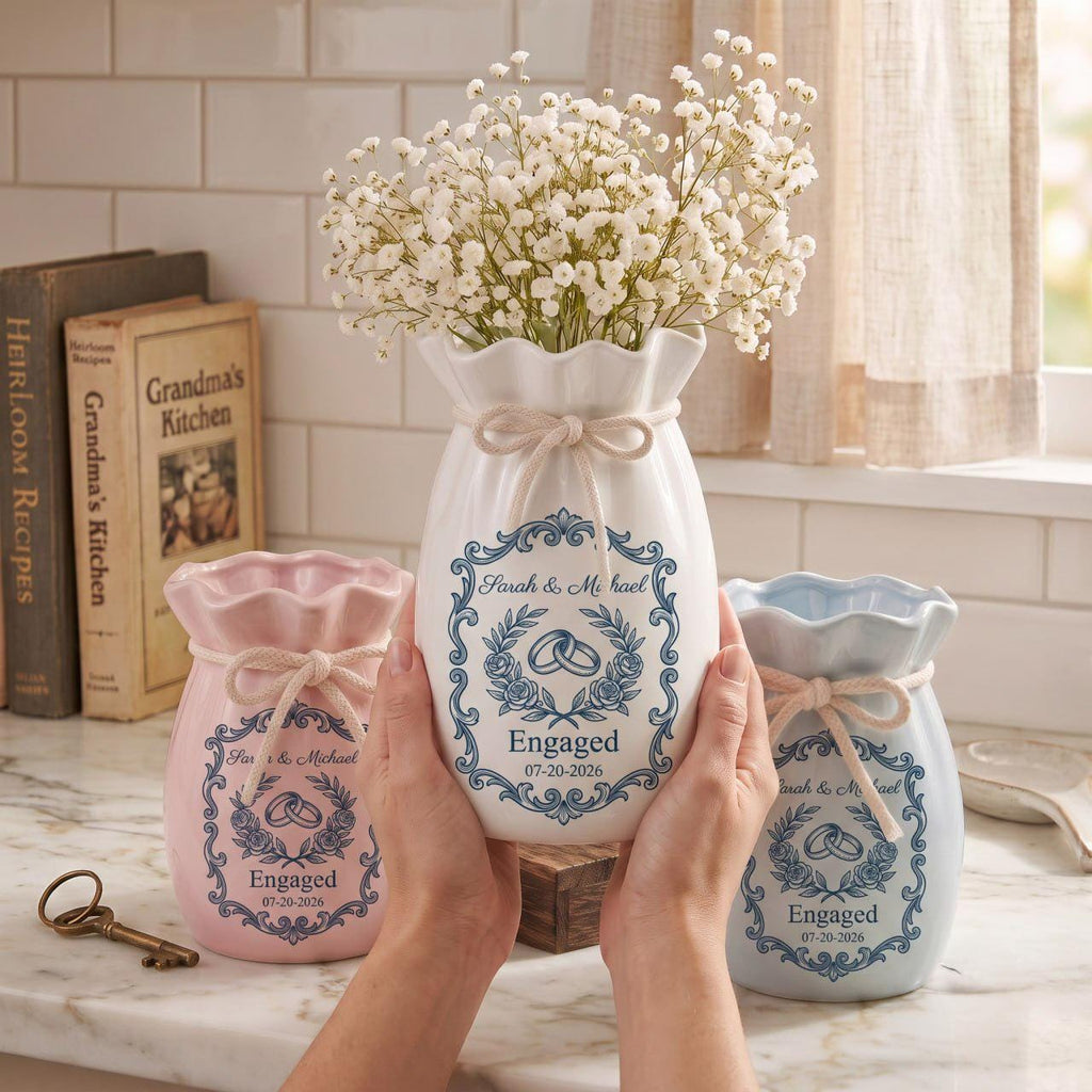 Personalized Engagement Vase, Custom Engagement Gift, Wedding Vase Gift, Ceramic Flower Vase, Wedding Gift for Couple, New Engaged Couple