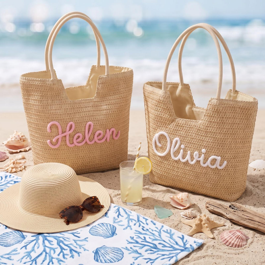 Personalized Straw Beach Bag, Custom Embroidered Name Beach Tote, Bridesmaid Beach Bag, Bride Gift, Summer Vacation Tote, Honeymoon Bag