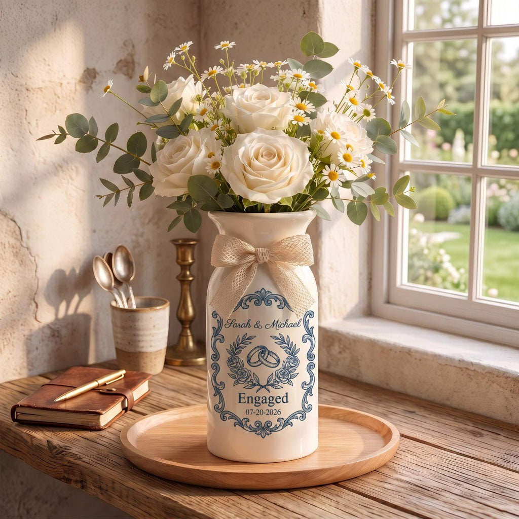 Personalized Engagement Vase, Custom Engagement Gift, Wedding Vase Gift, Ceramic Flower Vase, Wedding Gift for Couple, New Engaged Couple