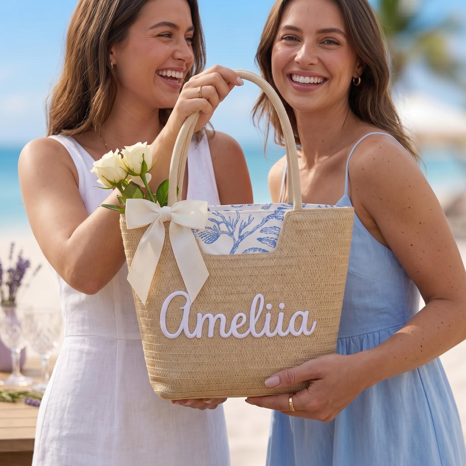 Personalized Straw Beach Bag, Custom Embroidered Name Beach Tote, Bridesmaid Beach Bag, Bride Gift, Summer Vacation Tote, Honeymoon Bag