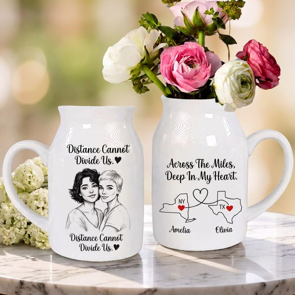 Personalized Best Friend Vase, Long Distance Friendship Gift, Custom Photo Vase, Besties Gift, State to State Gift, Ceramic Flower Vase