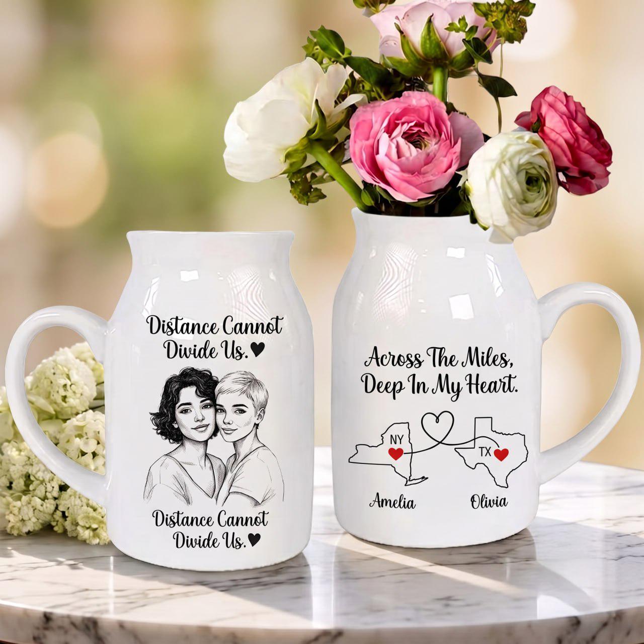 Personalized Best Friend Vase, Long Distance Friendship Gift, Custom Photo Vase, Besties Gift, State to State Gift, Ceramic Flower Vase