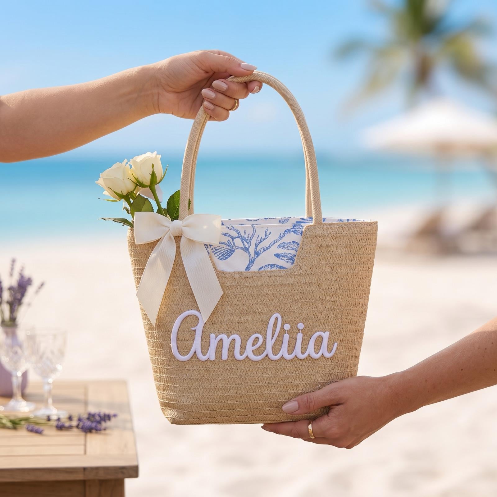 Personalized Straw Beach Bag, Custom Embroidered Name Beach Tote, Bridesmaid Beach Bag, Bride Gift, Summer Vacation Tote, Honeymoon Bag
