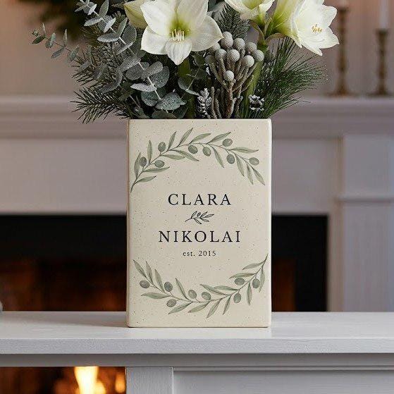 Personalized Engagement Book Vase, Ceramic Book Vase, Custom Couple Name Vase, Engagement Gift, Wedding Gift for Couple, Bride Gift