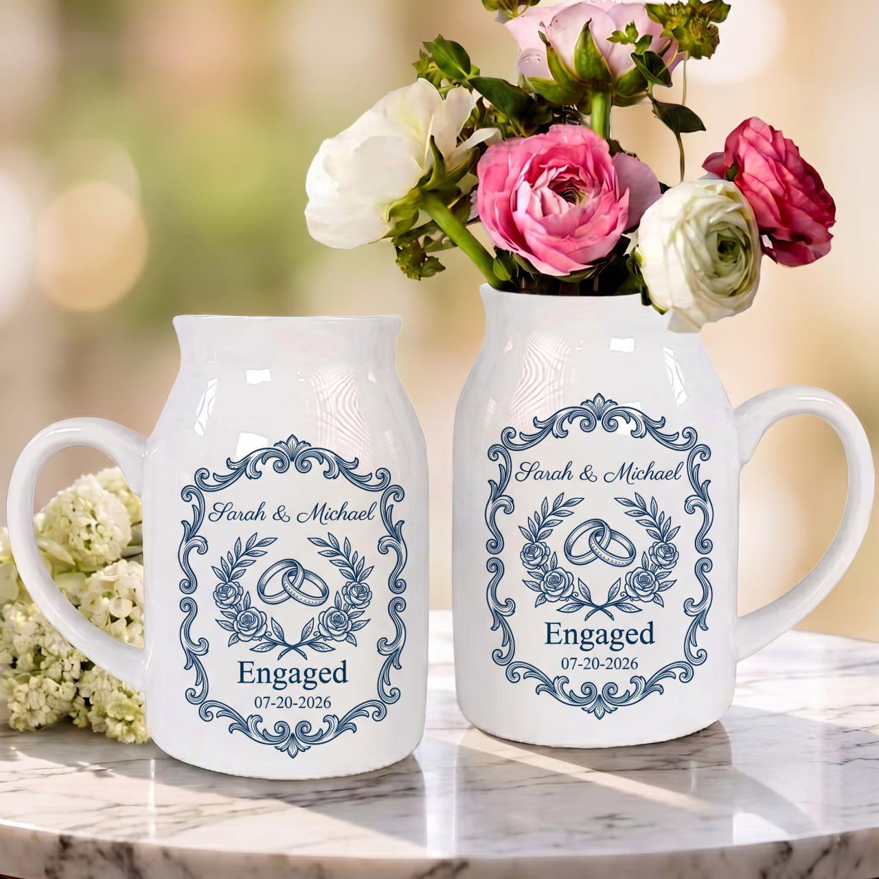 Personalized Engagement Vase, Custom Engagement Gift, Wedding Vase Gift, Ceramic Flower Vase, Wedding Gift for Couple, New Engaged Couple